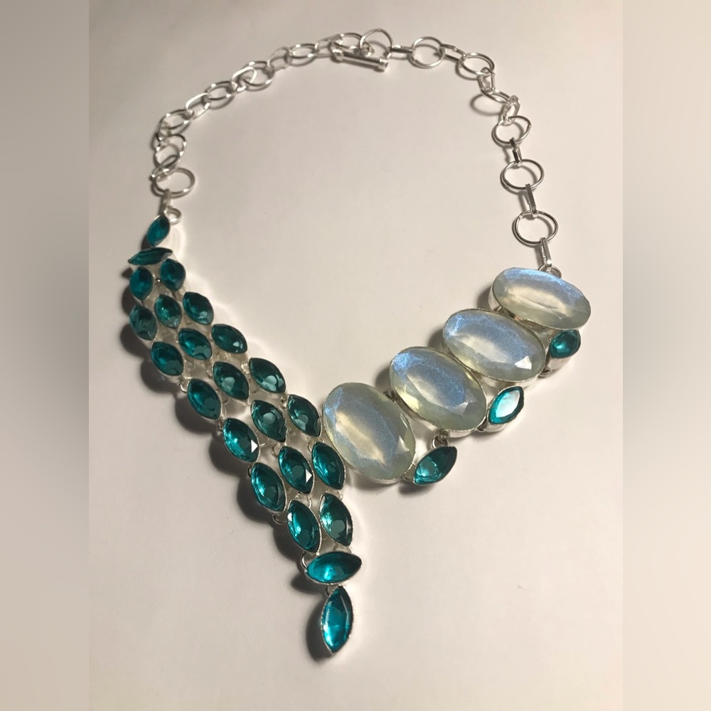 Blue Topaz Milky White Opal Stamped 925 Sterling Silver Necklace